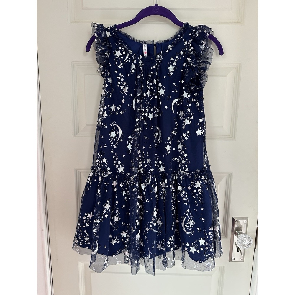 Fab kids Navy Metallic Silver Glitter Star Moon Tulle Dress Gown Size 12